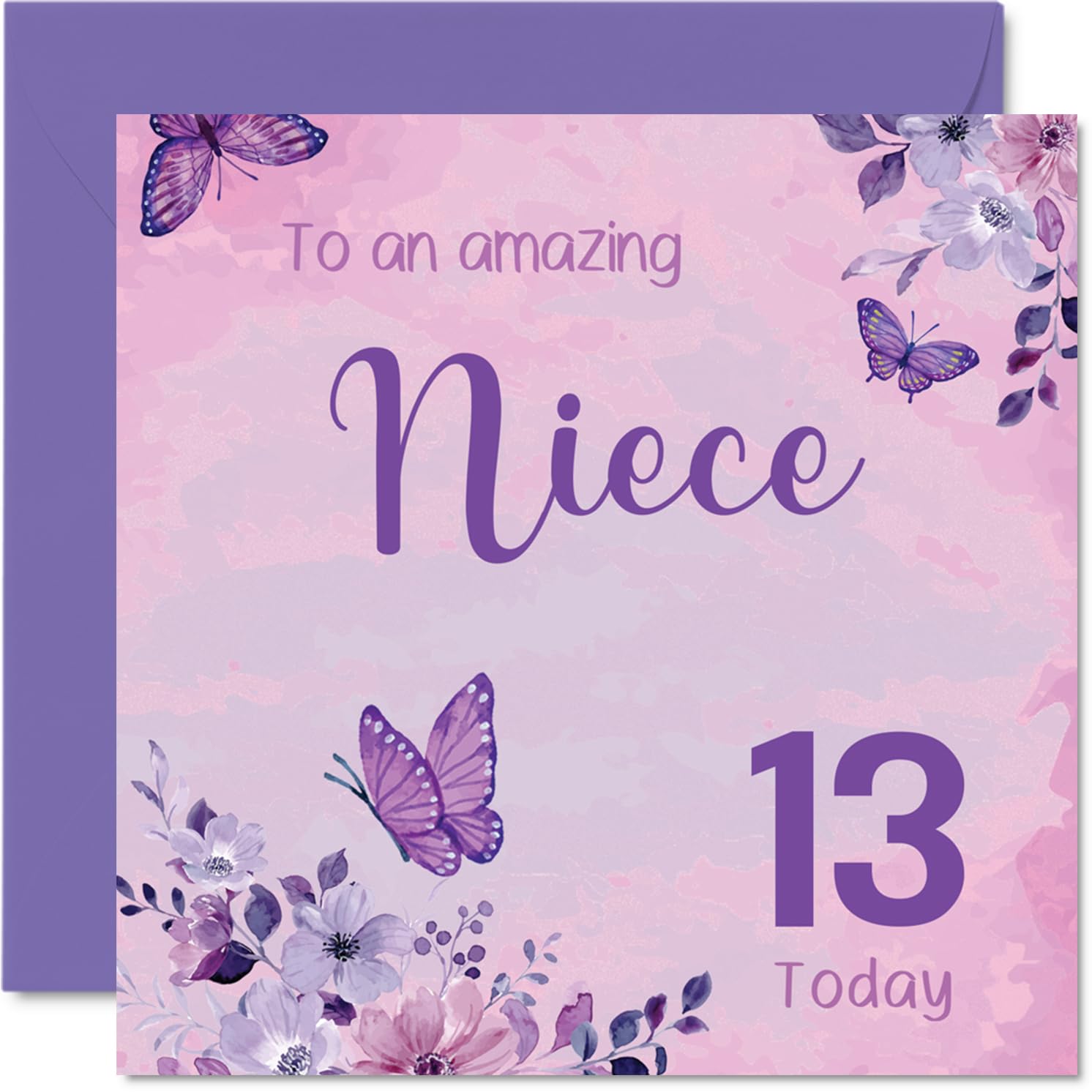 Sweet 13th Birthday Card for Niece - Whimsical Butterflies and Flowers in Vibrant Pinks and Purples - Magical 13th Birthday Cheer - 145mm Square, Envelope Included