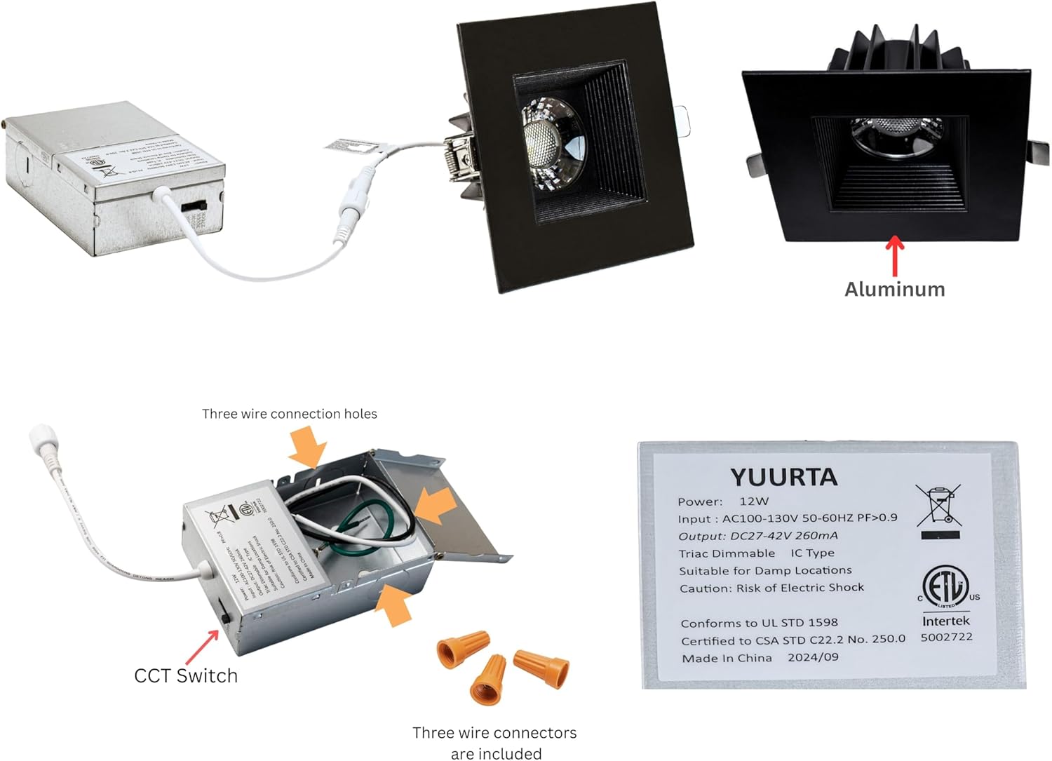 YUURTA 4-Inch Black Square Recessed Lighting Anti Glare Ceiling LED Downlight (Pot Light) CRI90+ Color Selectable 5CCT: 2700K/3000K/3500K/4000K/5000K Dimmable 1000lm 120V ETL Listed IC Rated (6-Pack)