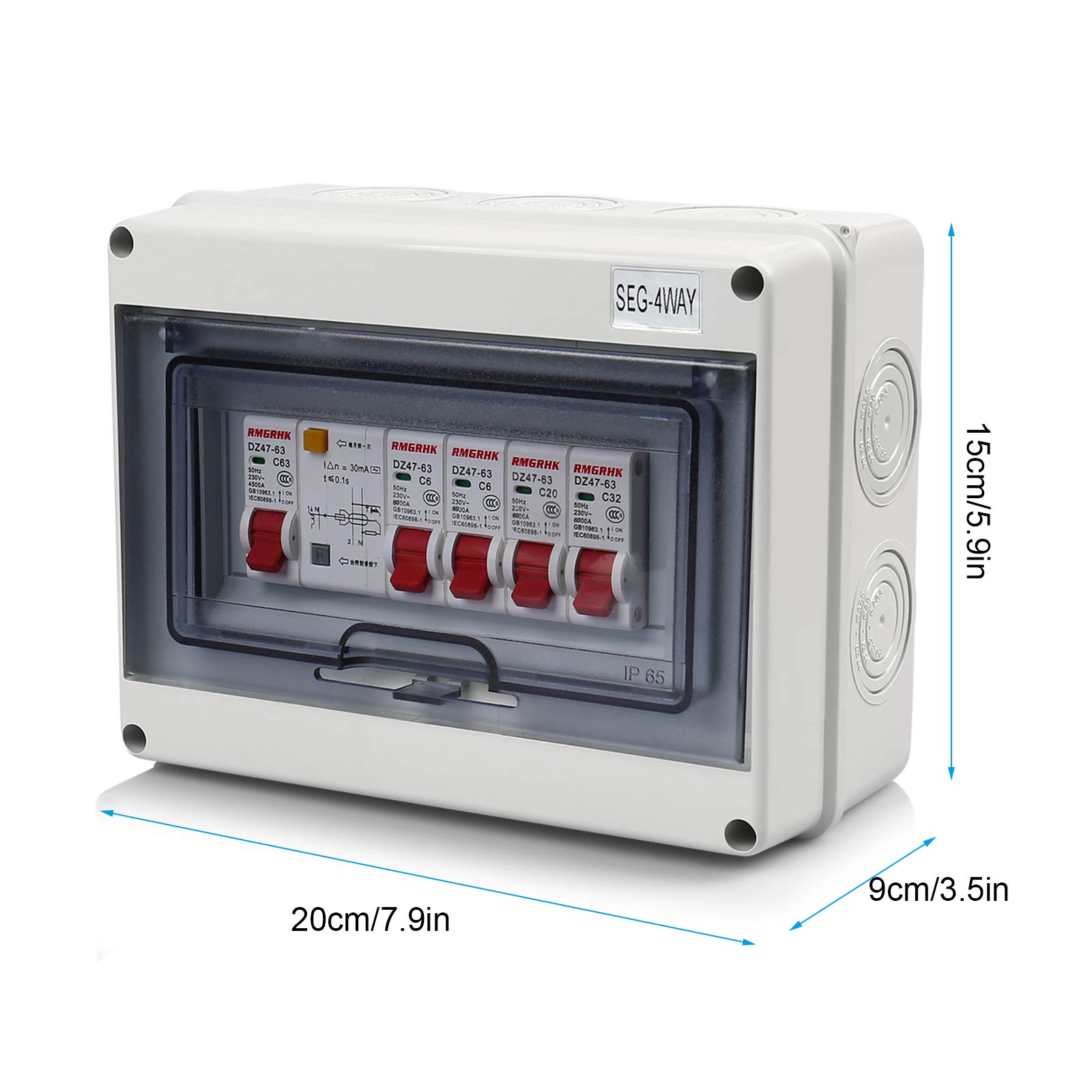 Panneau de disjoncteur d'unité de consommateur à 4 voies, boîte de disjoncteur de fuite IP65 Unité de consommation de caravane de garage en plastique de protection 63A 30mA RCD 4MCB 2x6A + 20A + 32A