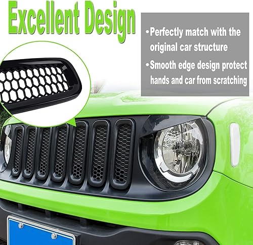 Miniatura 3 de 7 piezas de rejilla delantera insertos negro mate malla cubierta protector ajuste para Jeep Renegade 2015 2016 2017 2018