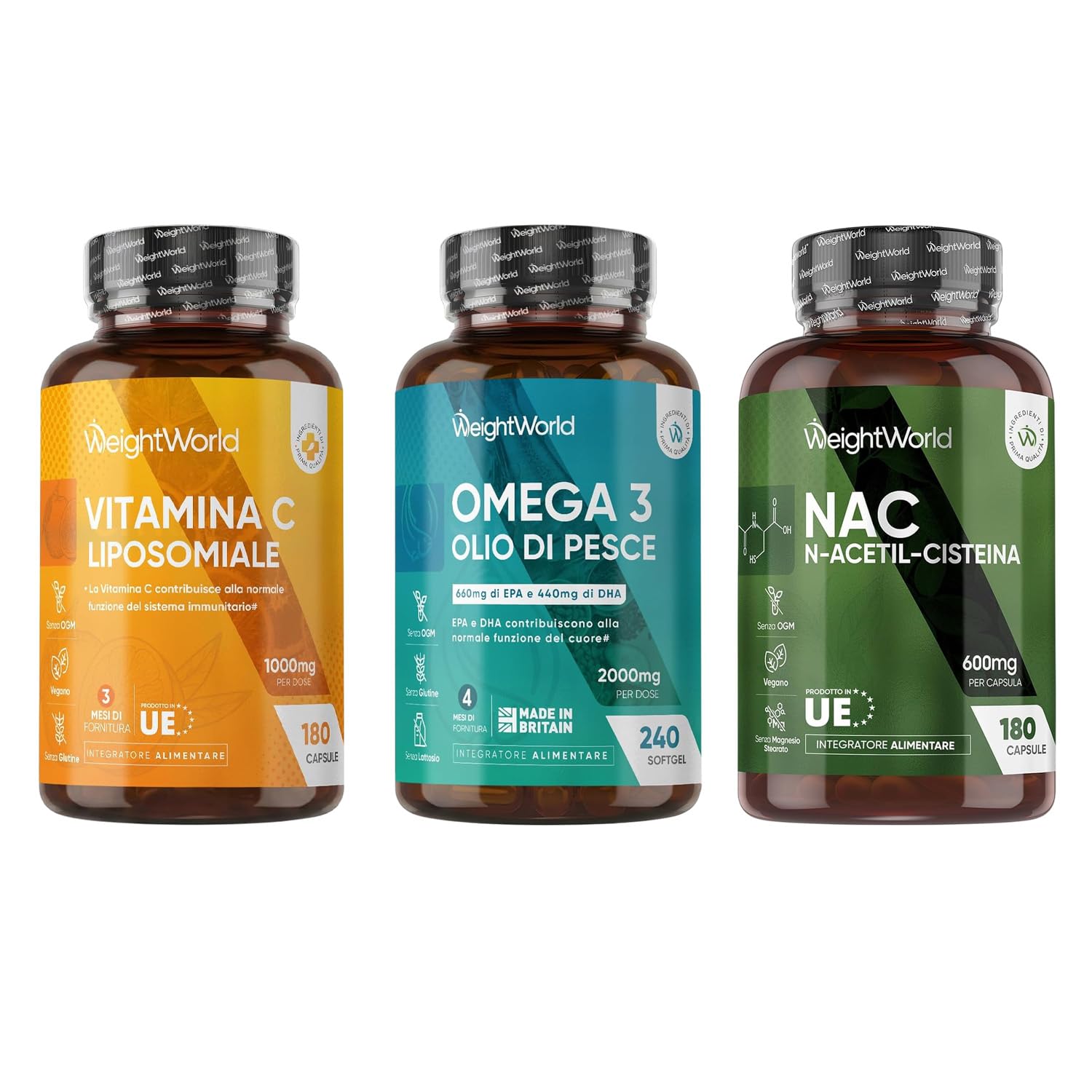 Vitamina C Liposomiale 1000mg Vegana, Omega 3 2000mg e NAC N-Acetil-Cisteina, 180 Capsule + 240 Softgel + 180 Capsule, Acido Ascorbico, Omega 3 Olio di Pesce, EPA, DHA, N Acetilcisteina, Senza OGM