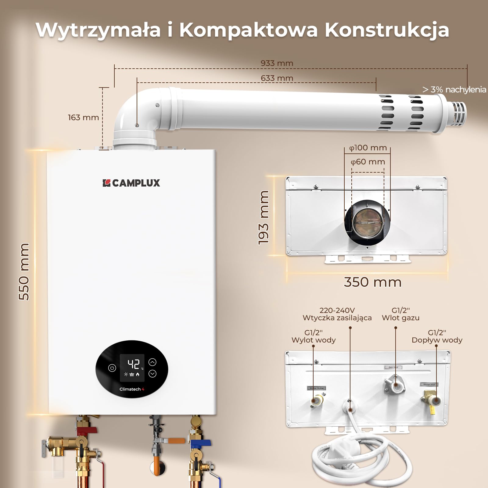 CAMPLUX Climitech 4 Gazowy Podgrzewacz Wody 12-litrowy, LPG, 28-50 mbar, do Łazienka/Kuchni/Balkonu, GX318LP