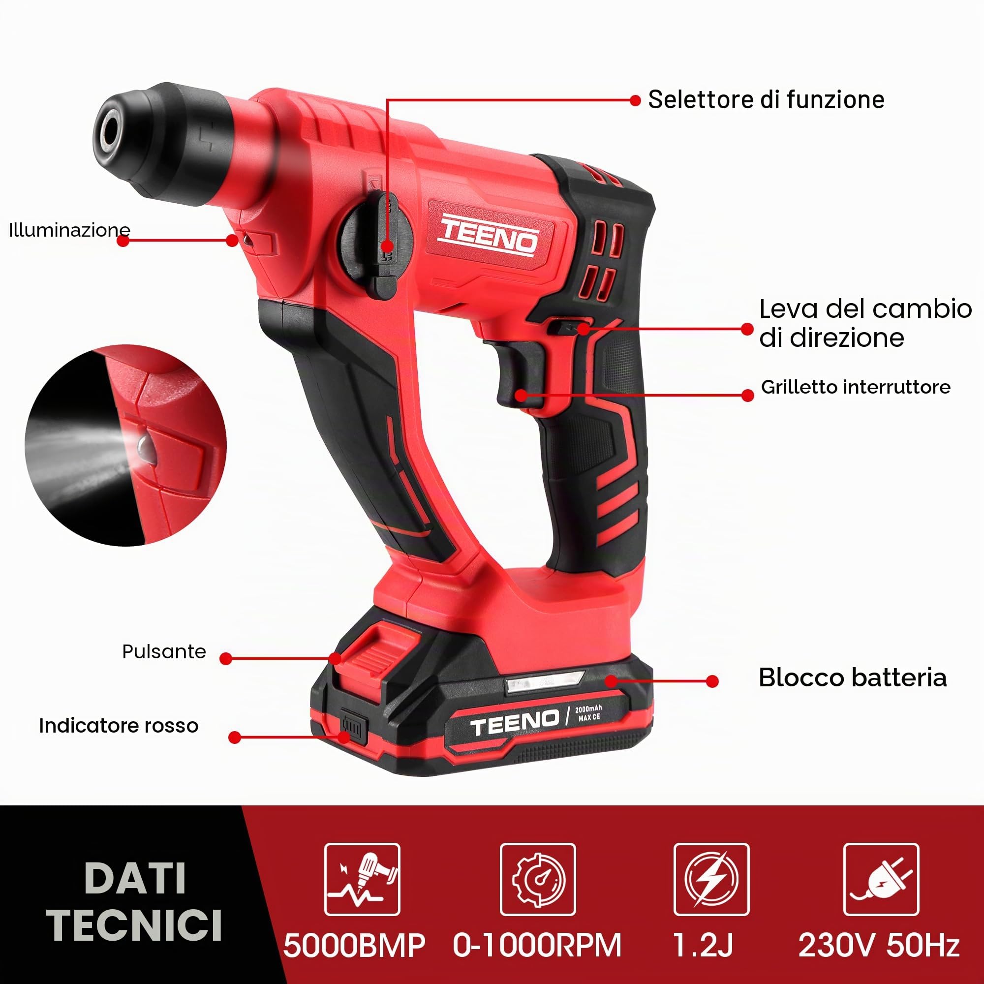 TEENO Martello perforatore senza fili SDS-Plus 20V, Φ14MM in calcestruzzo, 1000 giri/min,Lampada da lavoro a LED con 1 batteria 2.0Ah e 1 caricatore