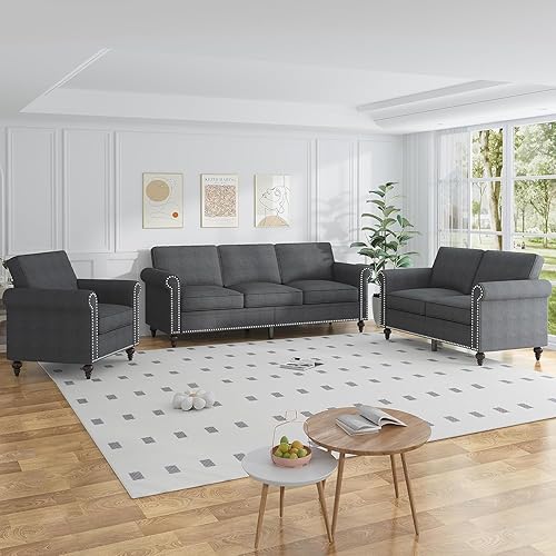 ijuicy 3-Piece Sectional Sofa Set, Modern Linen Upholstered Couch Set with 5" Thicken Cushion & Nailhead Trim, Living Room Furniture Set- Armchair Loveseat and 3 Seat Sofa (Dark Gray)