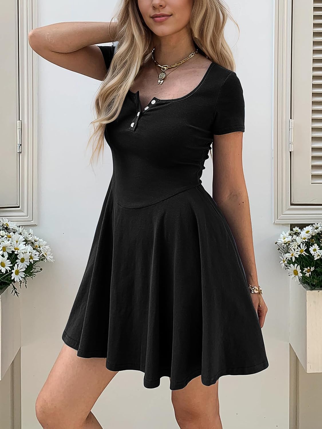 Women Summer Square Neck Mini Dresses Button Down Drop Waist T Shirt Dress Short Swing Sundress with Pockets - Image 2