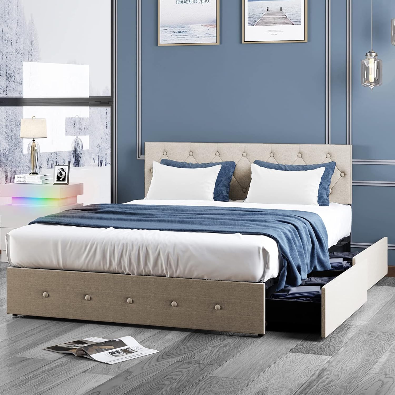 Amazon.com: Mjkone Platform Bed Frame with 4 Storage Drawers,Full Size ...