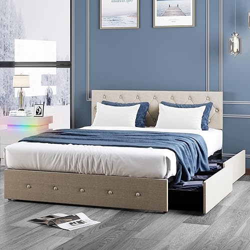 Mjkone Base de cama de plataforma con 4 cajones de almacenamiento, marco de cama de tamaño matrimonial con cabecera ajustable, diseño copetudo,