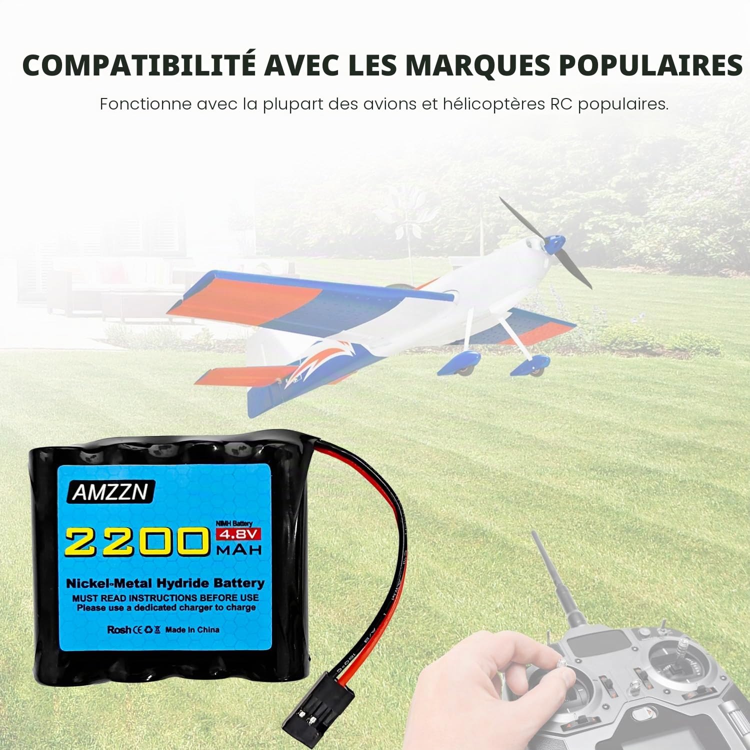 2PCS 4.8V 2200mAh AA Nimh Batterie avec connecteur Hitec pour RC Car, Récepteur RC, Avion RC, Batterie Rechargeable Haute capacité pour télécommande