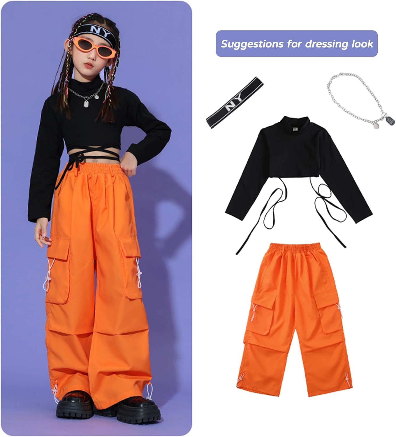 SEAUR Girls' Pants Y2K Cargo Pants Baggy Trendy Casual Trousers Straight Wide Leg Parachute Pants Hip Hop Dance Streetwear