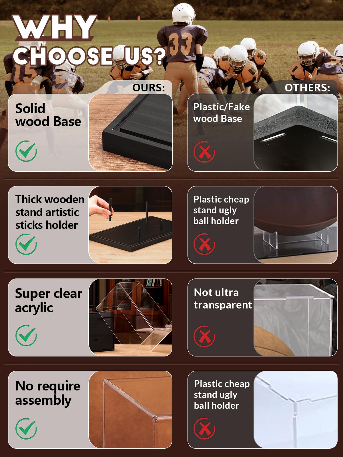 JupDec Vitrina de fútbol de tamaño completo, caja transparente de acrílico con soporte de madera, soporte de recuerdos con protección UV, para fanáticos del fútbol y coleccionistas, coleccionables