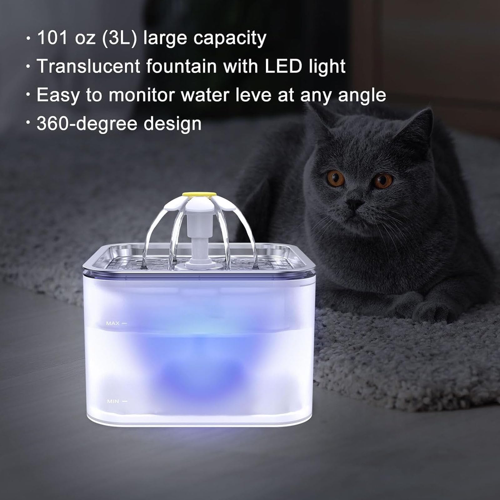 Fuente De Agua para Gatos De Acero Inoxidable, 3 L, Súper Silenciosa, Inteligente, con Luz LED, Fácil De Montar Y Limpiar,Verde