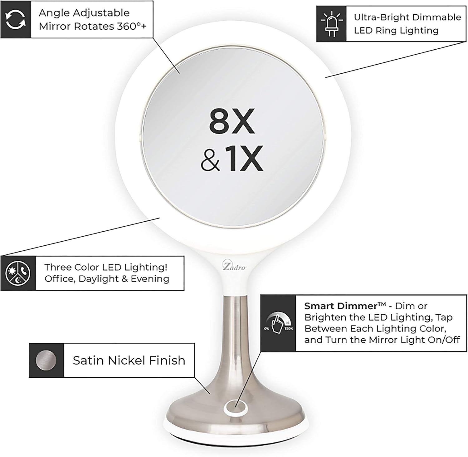 Zadro Solana 9.75 Inch Round LED Ring Light Vanity Counter-Top Mirror, 360 Swivel 7.5 Inch 2 Sided Magnified Glass Mirrors, 6500K 4500K 3200K Smart Dimmer Lamp, Plug in (8X/1X, White/Satin Nickel)