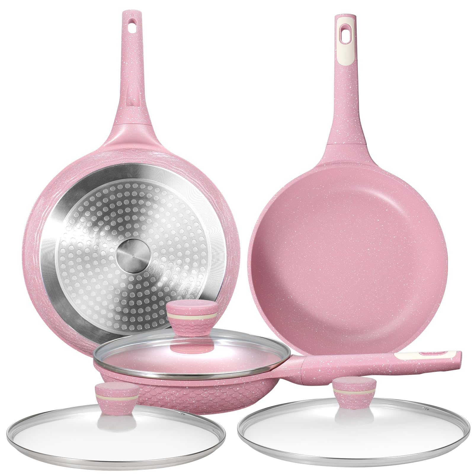 DYGG 6 PCS Non Stick Frying Pan Set 20/26/28 cm Pink with Lid - Super Nonstick Granite Coated, PFAS & PFOA Free Healthy, Induction Compatible All Cookers - Oven Safe & Easy Clean