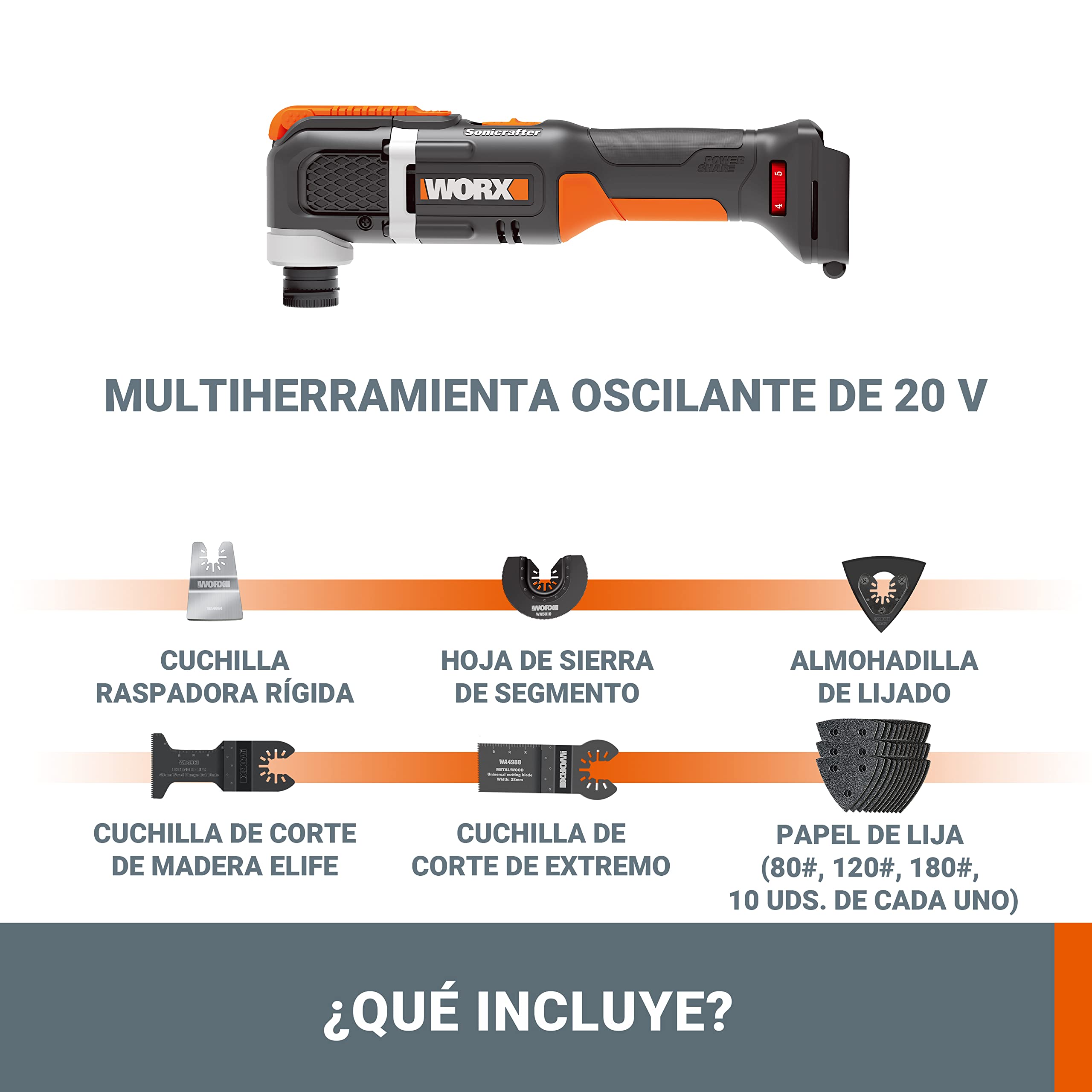 WORX WX696.9 Multierramienta Sonicrafter 20V Sin Batería ni Cargador, Sistema Universal de Accesorios, Velocidad Variable, Incluye 35 Accesorios