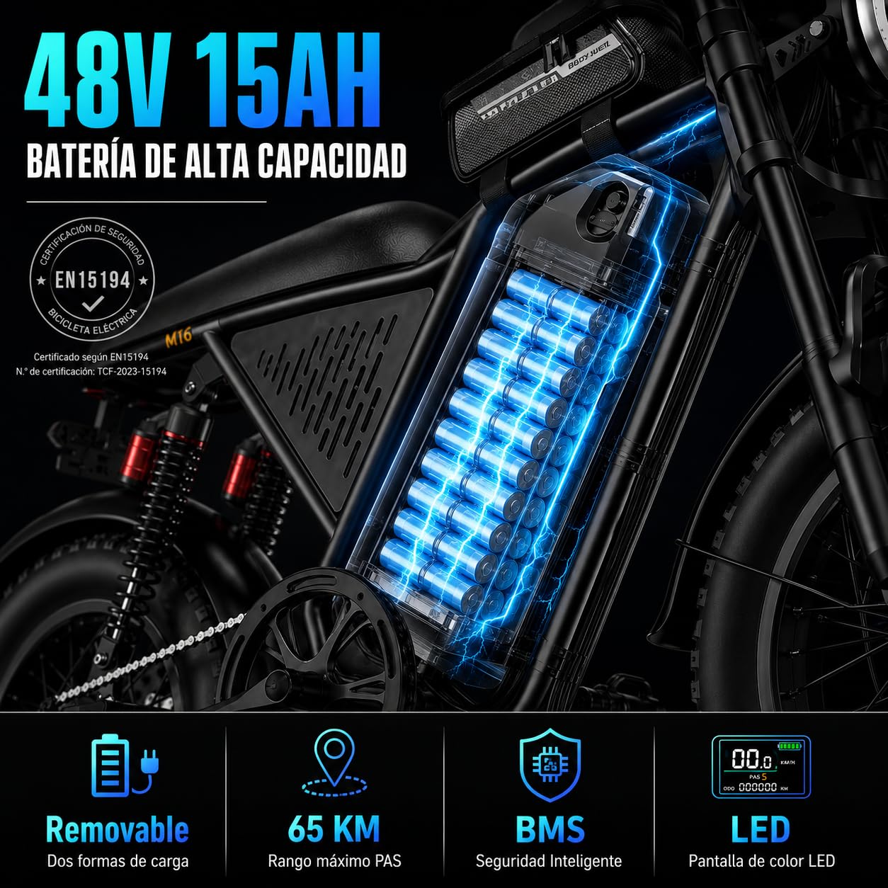Bodywel Bicicleta Eléctrica de Carretera Adultos, M16Pro 16x4.0” Bicis Electricas de Montaña, Ebike con Batería 48V 15Ah, Motor 250W, 80 km Autonomía (Pas), Pantalla LCD, Suspensión Completa