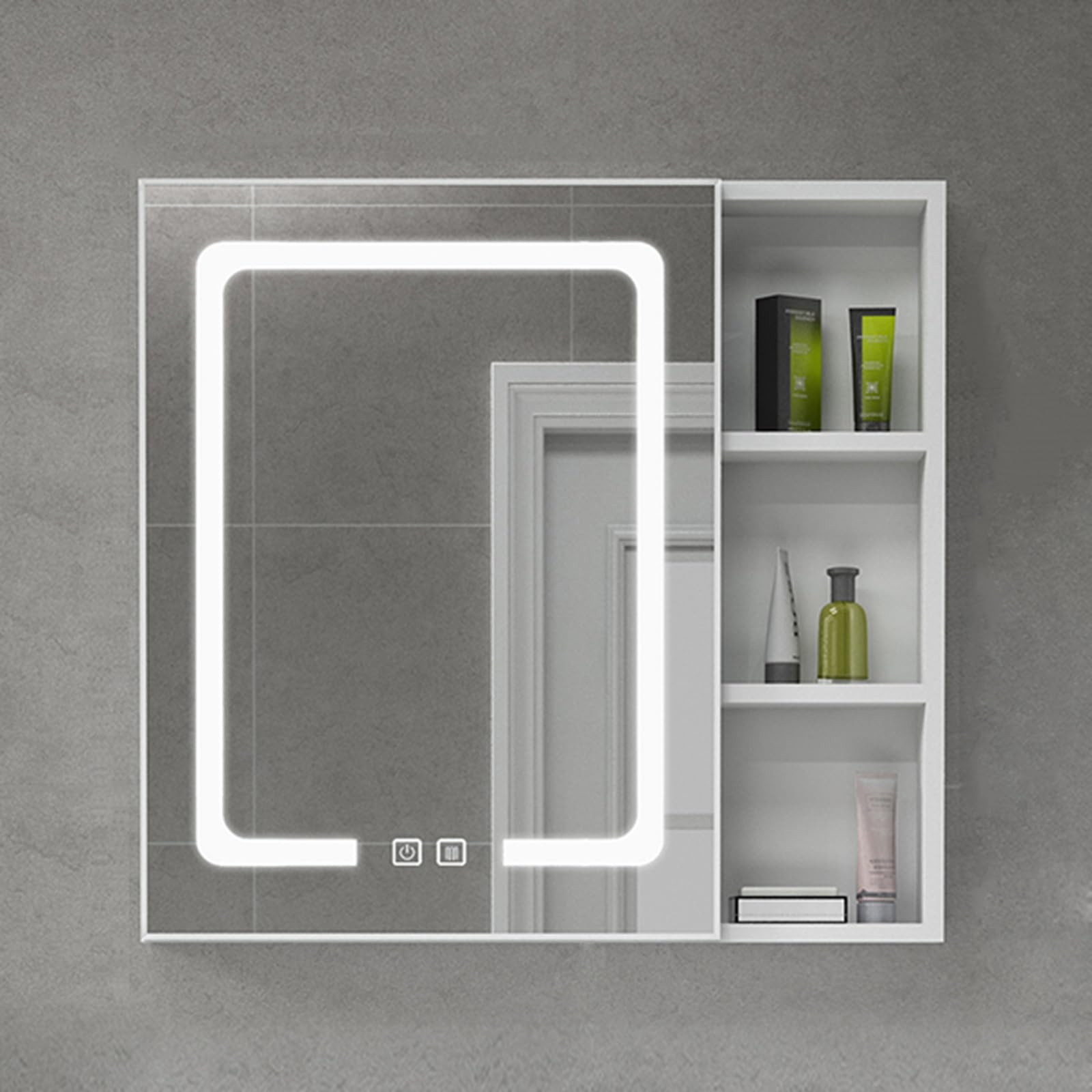 Szafka łazienkowa z lustrem, wisząca, z oświetleniem LED, funkcją przeciwmgielną, aluminiowa rama, szafka 1-drzwiowa, nowoczesny design, biała, 55 x 65 cm