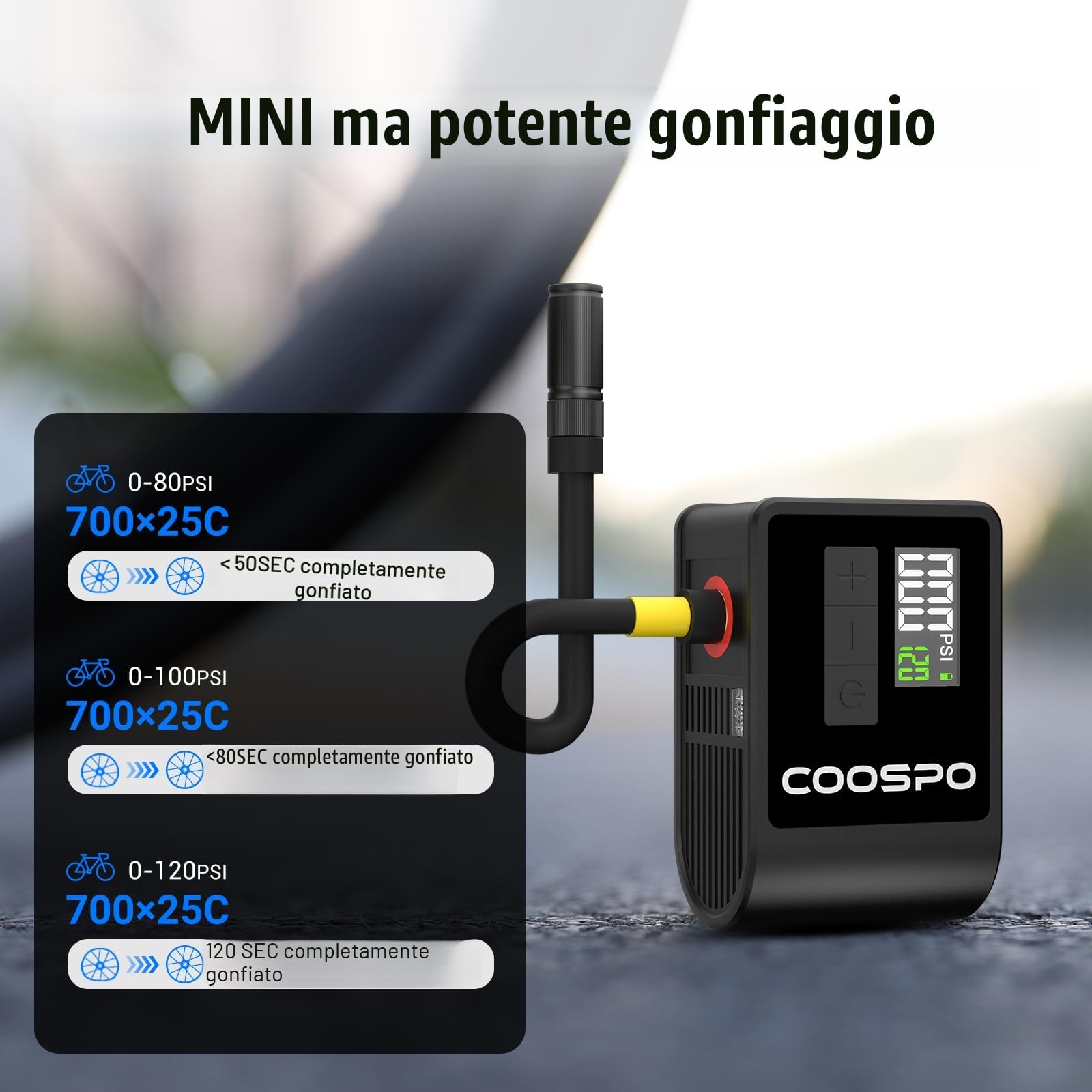 CooSpo Mini Pompa Elettrica per Bicicletta, max 120 PSI, Portatile con Spegnimento Automatico, Valvole Presta Schrader