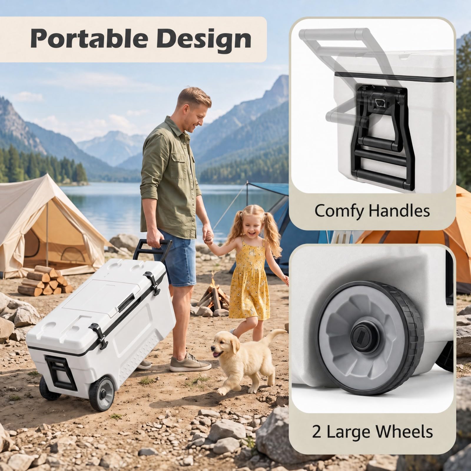 LIFEZEAL 50 L Frigo Termico Portatile 2 in 1 | Contenitore Termico Caldo e Freddo con Coperchio, 2 Sacchetti di Ghiaccio, Maniglie e Ruote per Pesca, Barbecue e Campeggio