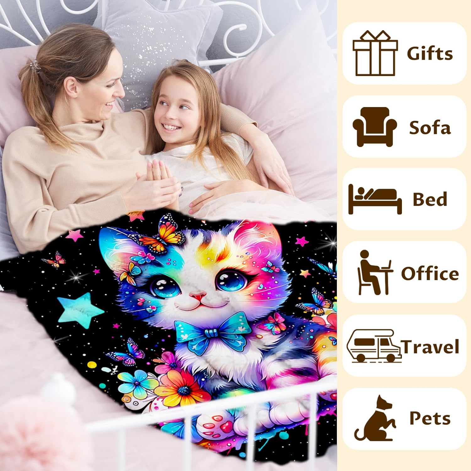 Blankets Cat Throw Blanket Gifts for Kids Adults Cat Lovers, 60x80 Inches Cute Blanket Gift Soft Cozy Fuzzy Throws for Sofa Couch Bed Decor Office