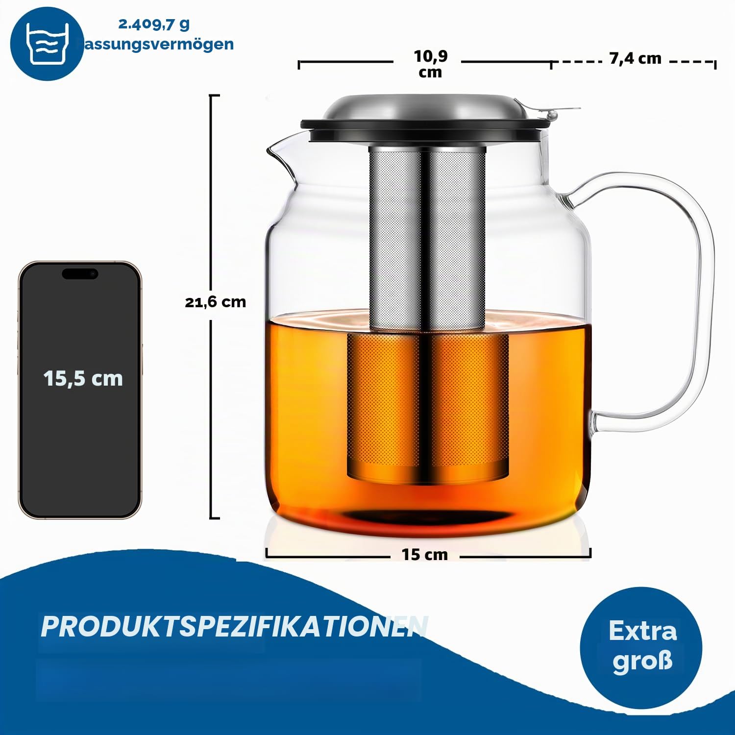 Aquach Glas-Teekanne, 2,4 l, für den Herd geeignet, mit herausnehmbarem Teesieb für blühenden Tee und losen Tee, extra große Glas-Teebereiter, heiße und kalte Brühe