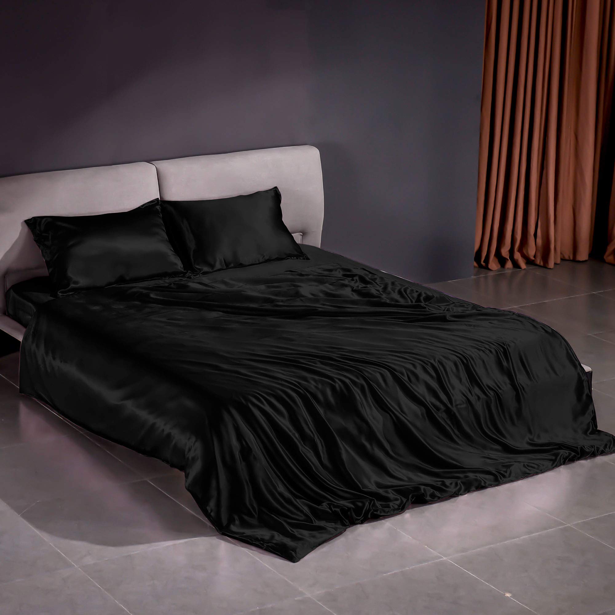 THXSILKSilk Duvet Cover Set 4 Piece, 22 Momme Silk Sheets, Bedding Sets - Ultra Soft, Machine Washable, Durable - 100% Top Grade Mulberry Silk - King Size, Black
