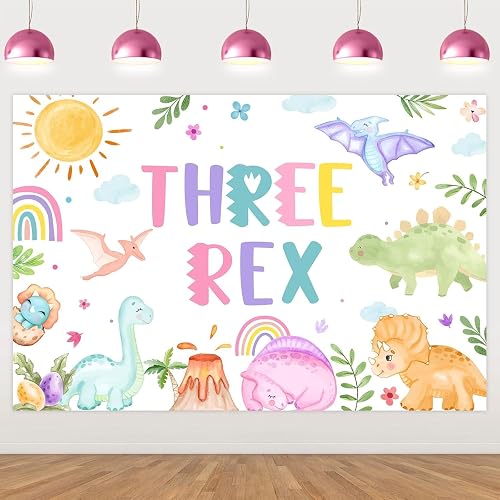 Dinosaur 3rd Birthday Backdrop 5x7ft, Colorful Three Rex Photography Background for Third Birthday, Jungle Safari Theme Three Year Old Bday Party Decor Photo Prop Supplies