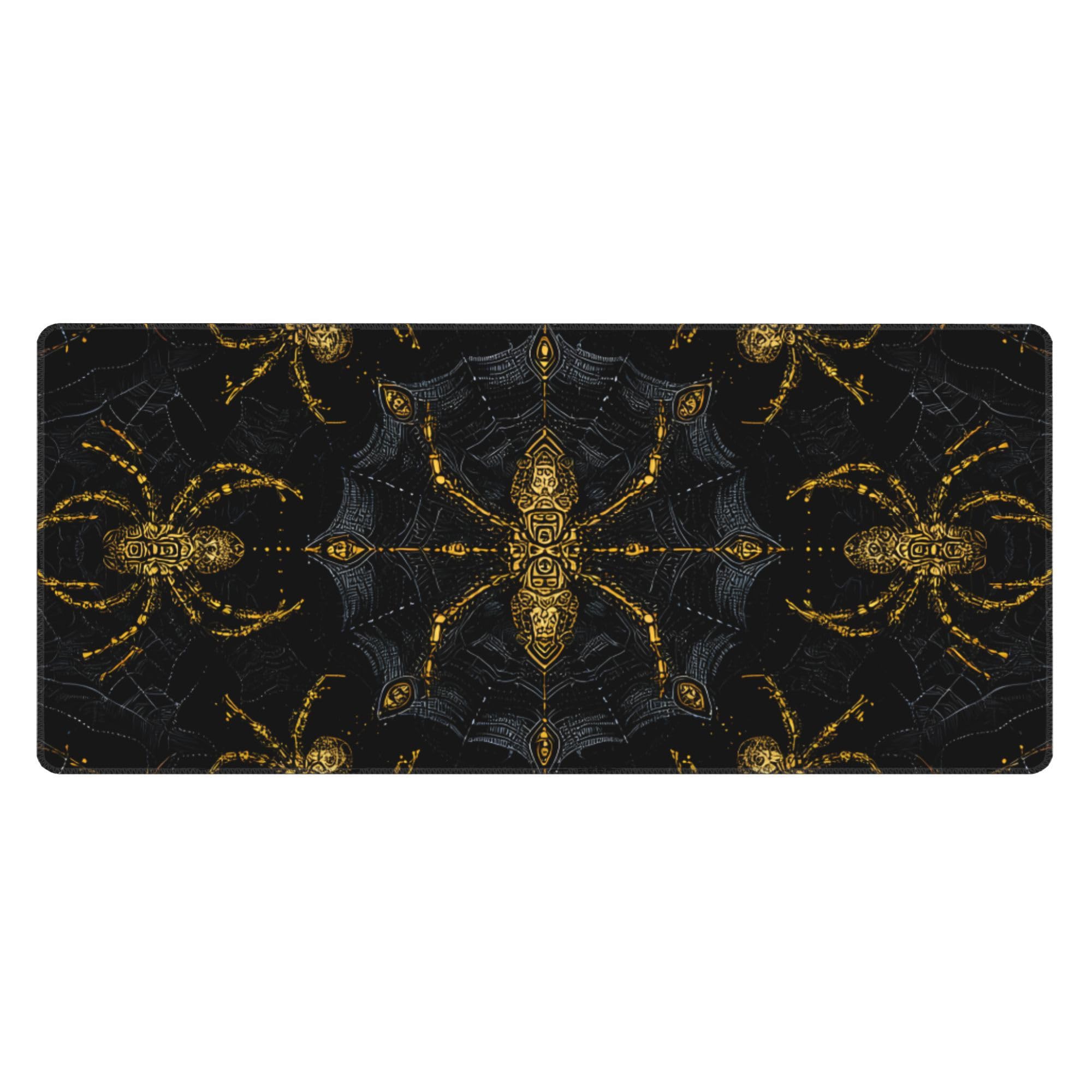 Golden Spider Web Extended Gaming Mouse Pad, with Stitched Edges Large Mouse Pad Desk Protector, Rubber Base Mousepad Keyboard Mouses Mat for Work Game Office Home- 32" X 12" Inch