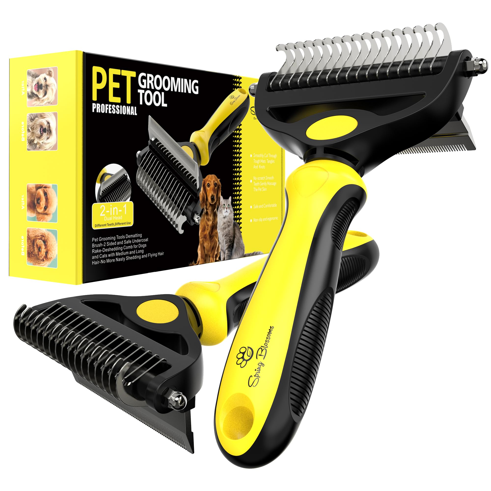 Spring Blossoms 2-in-1 Professioneller Fellpflegekamm für Katzen und Hunde, Entfilzungskamm für einfaches Entfernen von Matten und Verfilzungen, sicher für Haustiere, kein hässliches Ausfallen und