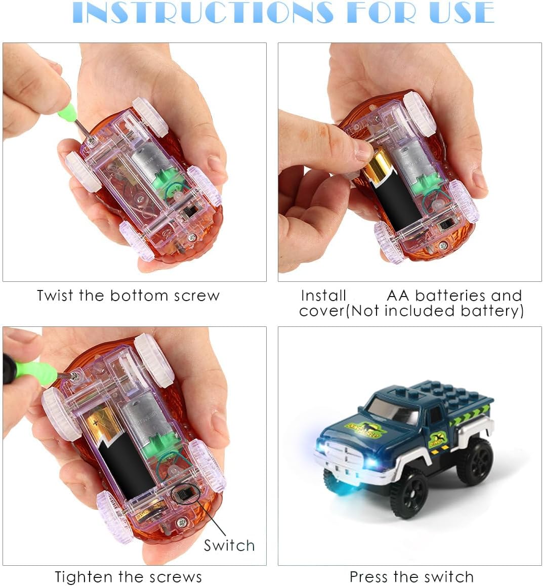 Save Unicorn Tracks Cars Replacement only, Dino Track Cars for Tracks Glow in The Dark, Car Tracks Accessories with 3 Flashing LED Lights, Compatible with Most Car Tracks for Kids Girl(4pack), Green3