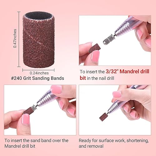 Miniatura 211 de MelodySusie 100 unidades de brocas de uñas, bandas de lijado para taladro de uñas, 120 bandas de lijado de lima de uñas de grano medio para uñas