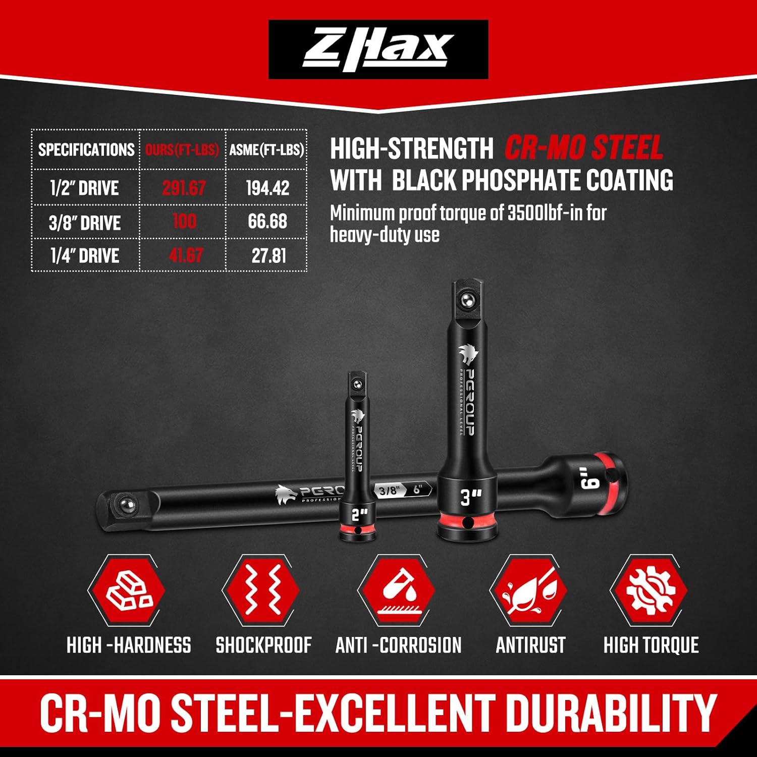 ZAHX 9 Pieces Impact Extension Bar Set, 1/4", 3/8" and 1/2" Drive Socket Extension, Embossed Size Marking, CR-MO Steel for Auto Repair