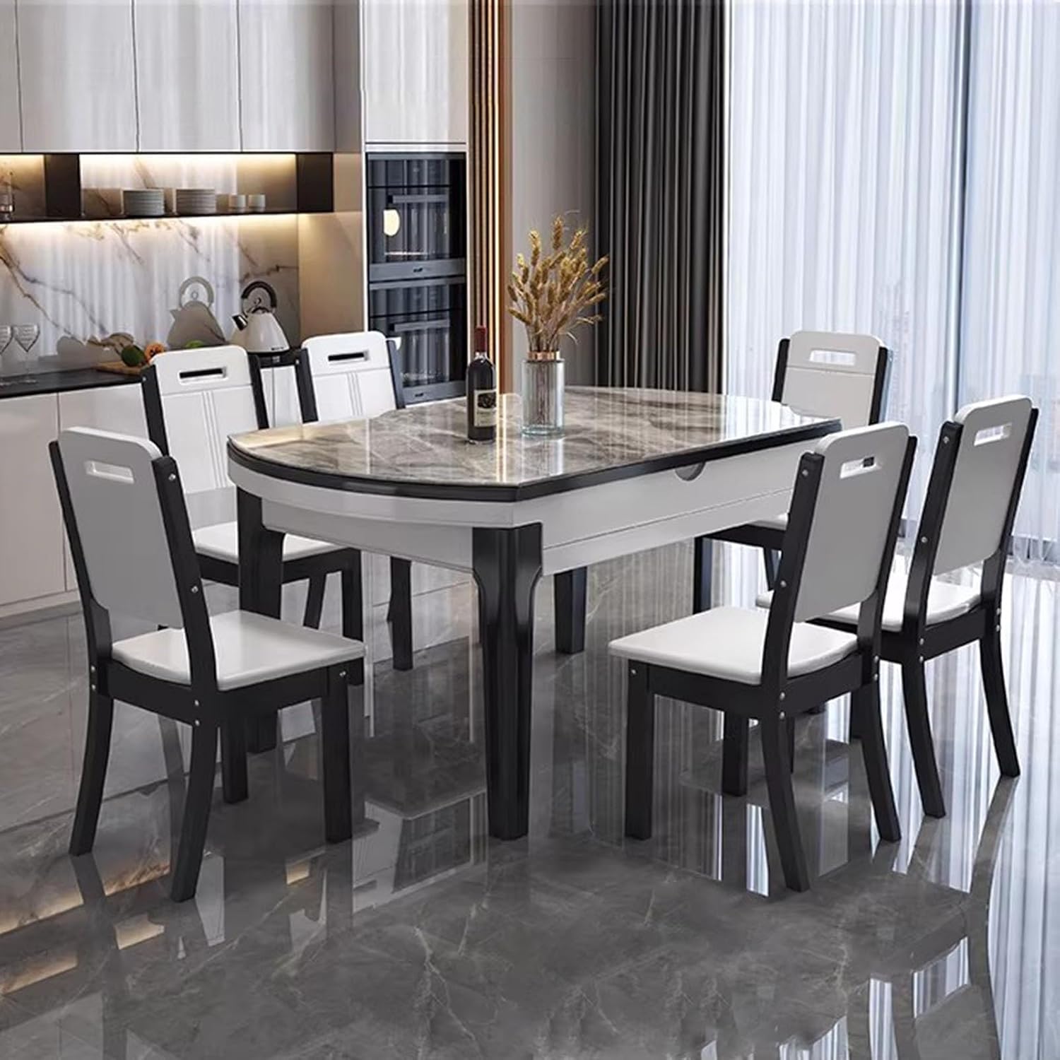 Extendable Dining Table Set Table and Chairs Set Indoor Dining Set Solid Wood Kitchen Table Set Rock Plate Tabletop Easy Assembly, Kitchen Table & 6 Chairs(White,(LxW) 120x75cm/47x29.5in)
