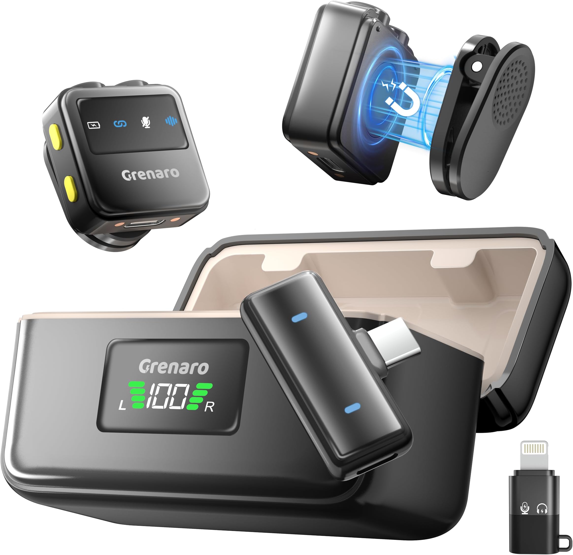 GRENARO P10 Wireless Mic for Youtubers with 3-Level Noise Reduction,Mic for YouTube Wireless with 40H Charging Case