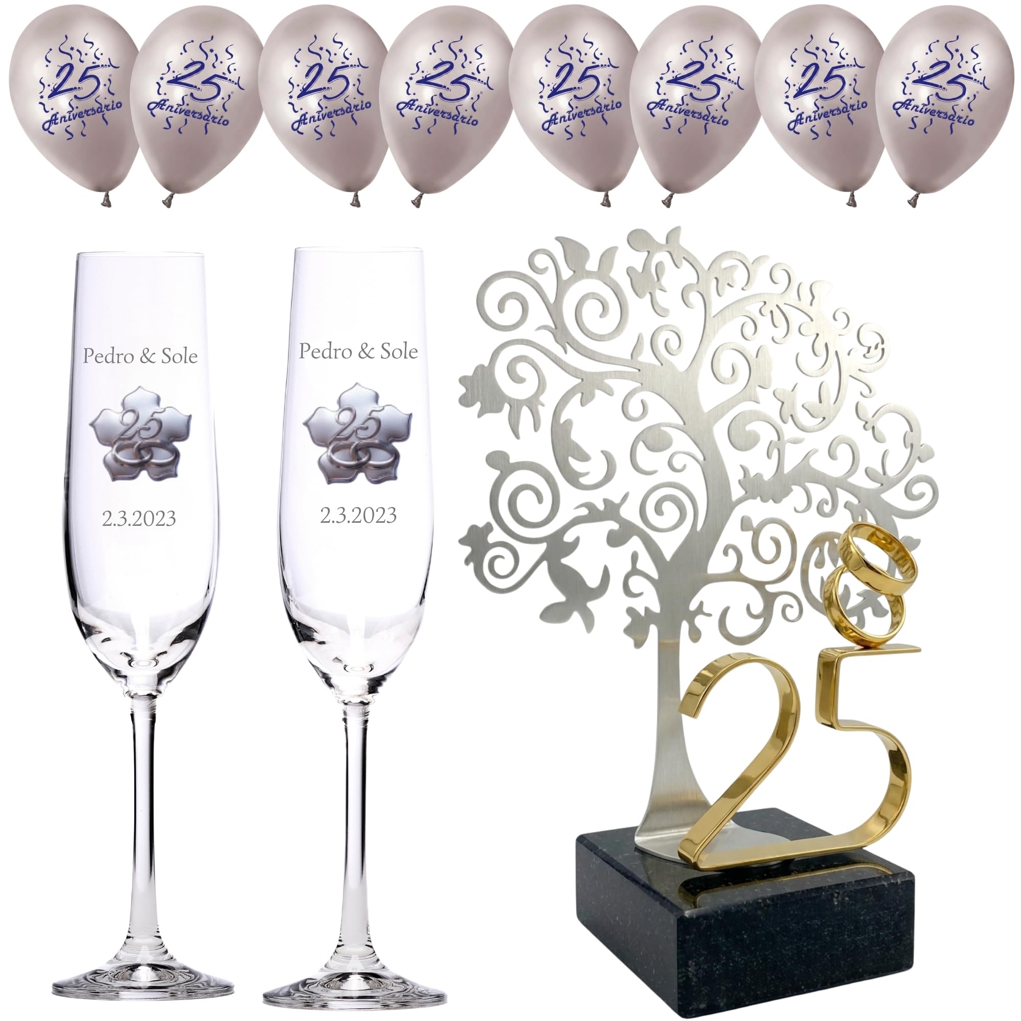 JOYERIA EL FARO Regalos de Boda 25 Aniversario Bodas de Plata | Pack con 8 globos gratis, Grabado personalizado, Presentación en estuche premium