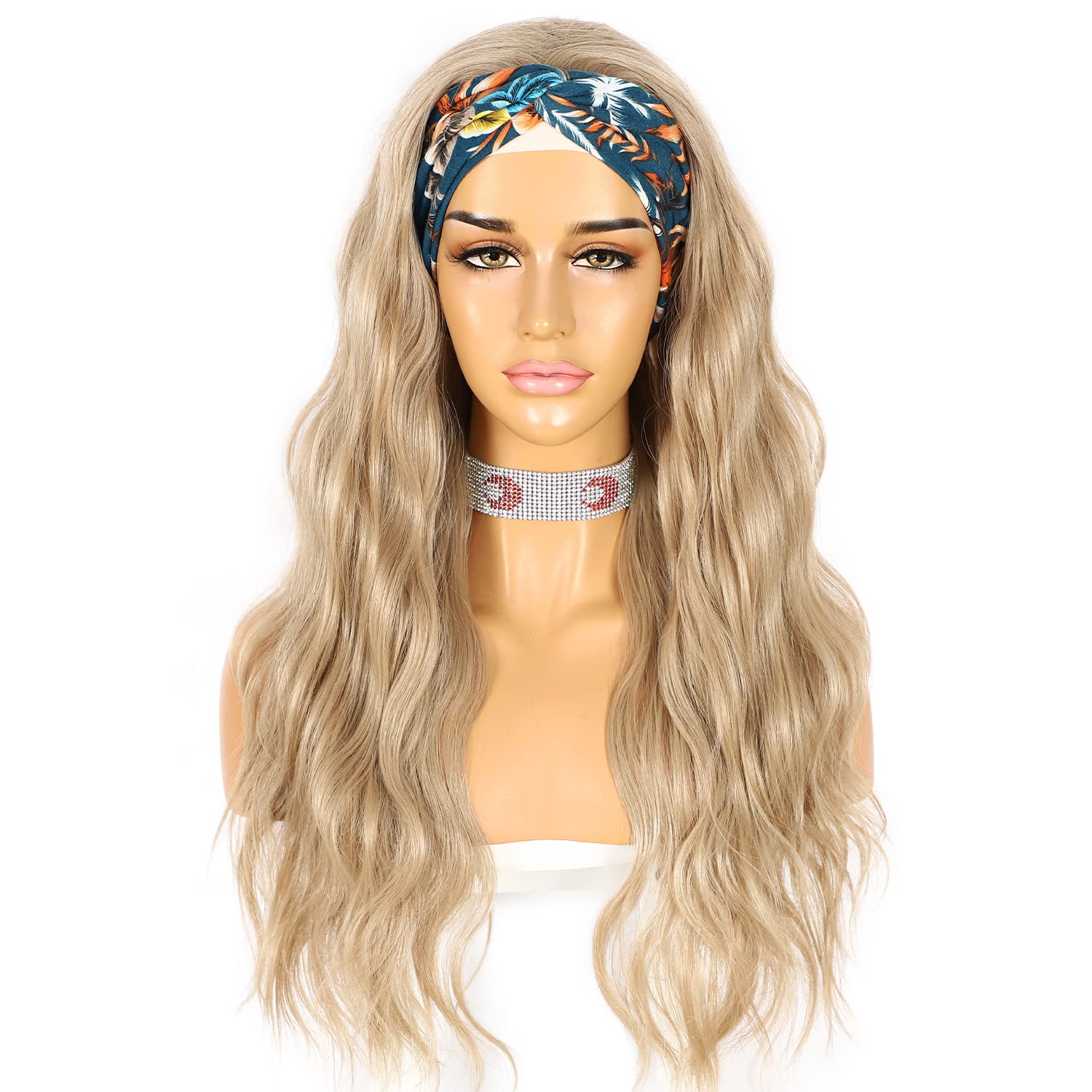 Sapphirewigs Body Wave Headband Wig Ash Blonde Synthetic Long Wavy Wigs for Women Glueless Hair Natural Looking 150% Density 26 inch