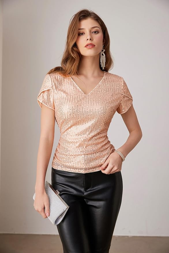 GRACE KARIN Chemisier à Paillettes Pour Femme - Col En V - Paillettes - Manches Courtes - Vintage - Pour Cocktail, Club, Nuit, Argenté, S