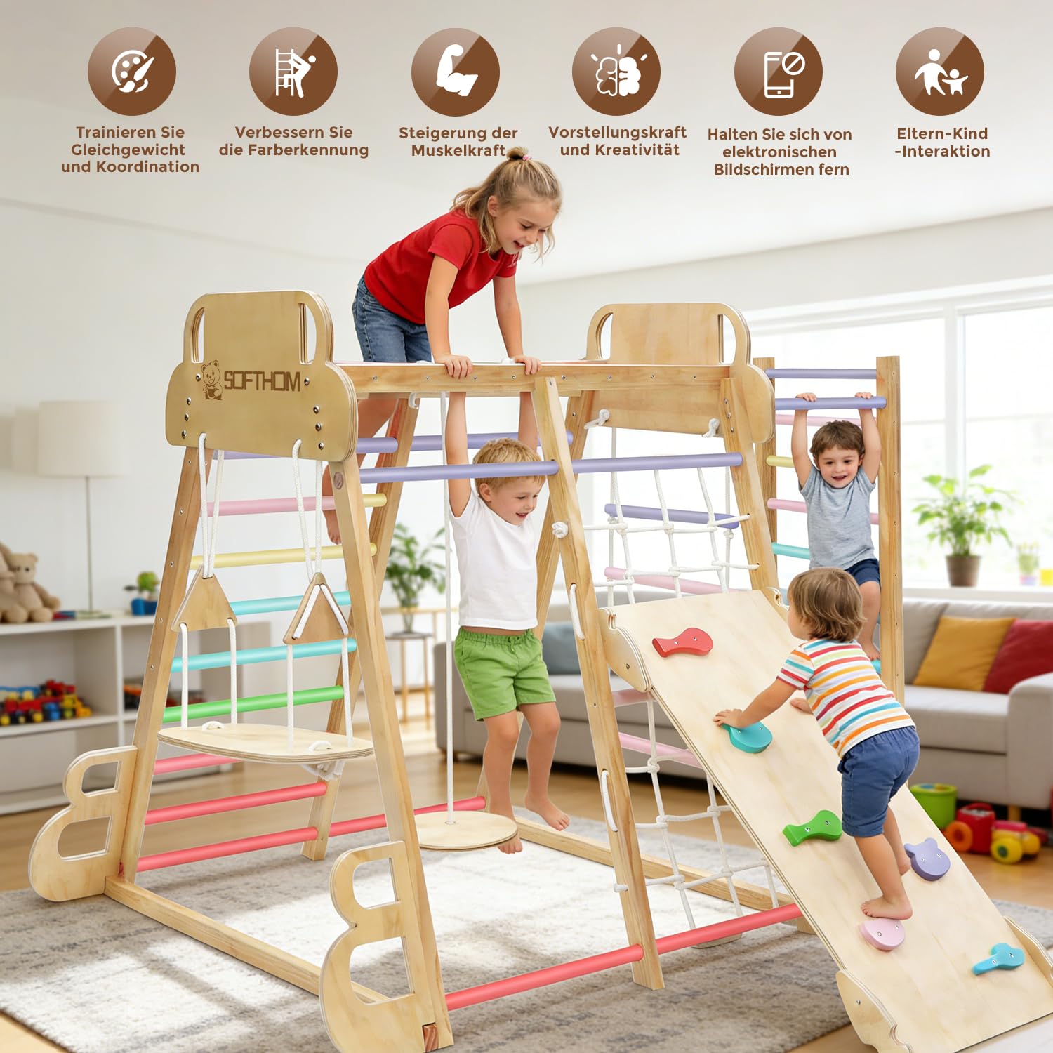 Maxi Estructura de Escalada para Niños, 10 en 1 Montessori Estructura de Escalada, Multifuncional Set de Escalada de Madera, Monopatín, Balancearse, Muro de Escalada, Red de Escalada, Natur
