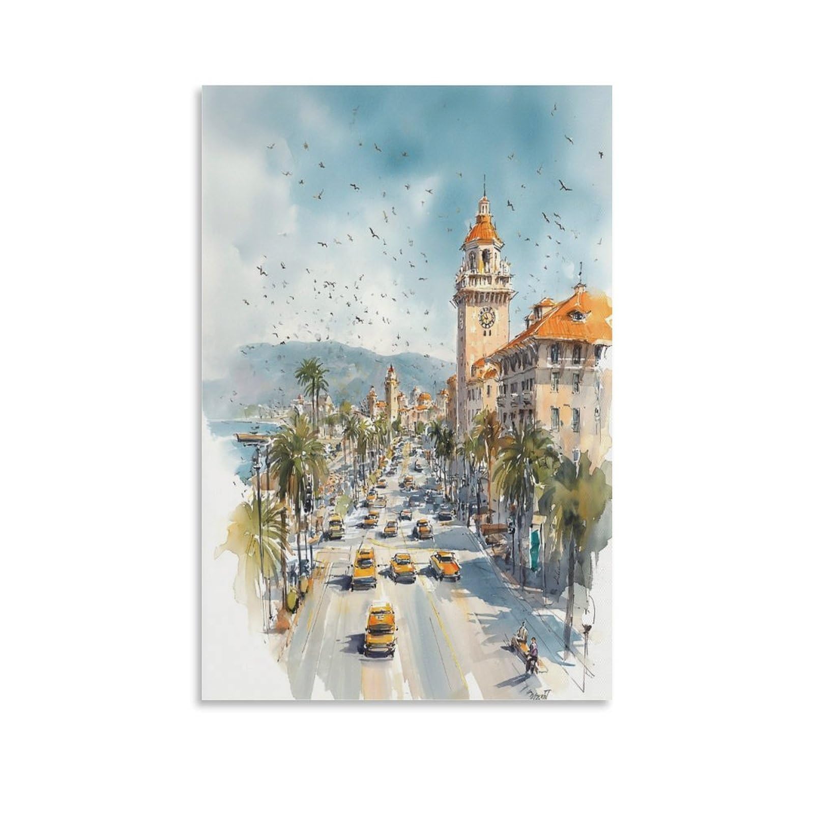 LCYNNH San Diego Watercolor La Jolla Retro 20x30inch(50x75cm) Vintage Travel Poster Watercolor Canvas Art