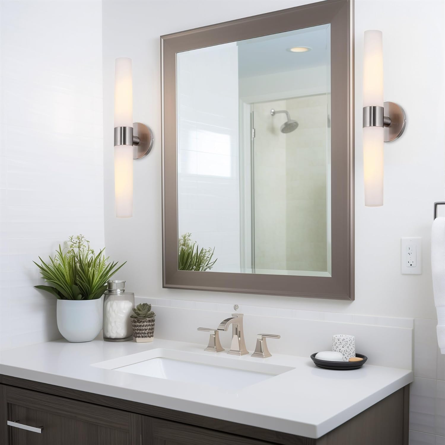 Kira Home Duo 21" Modern Wall Sconce with Frosted Glass Cylinder Shades, Linear 2-Light Silver Wall Light, Brushed Nickel Finish