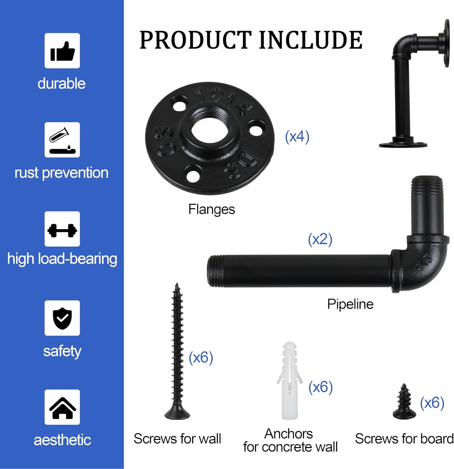 Pipe Floating Shelf Bracket,Iron L Pipe Floating Shelves Floating,Wooden Board Pipe Shelf Brackets for 8 10 12 14 inches Board(2-Pcs Black)
