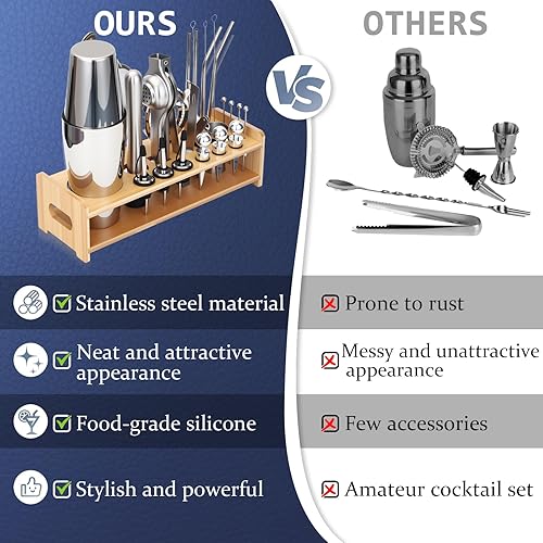Miniatura 2 de JUSTDOMI Juego de herramientas de barra de acero inoxidable de 26 piezas, accesorios de camarero, juego de coctelera con soporte, kit de cócteles