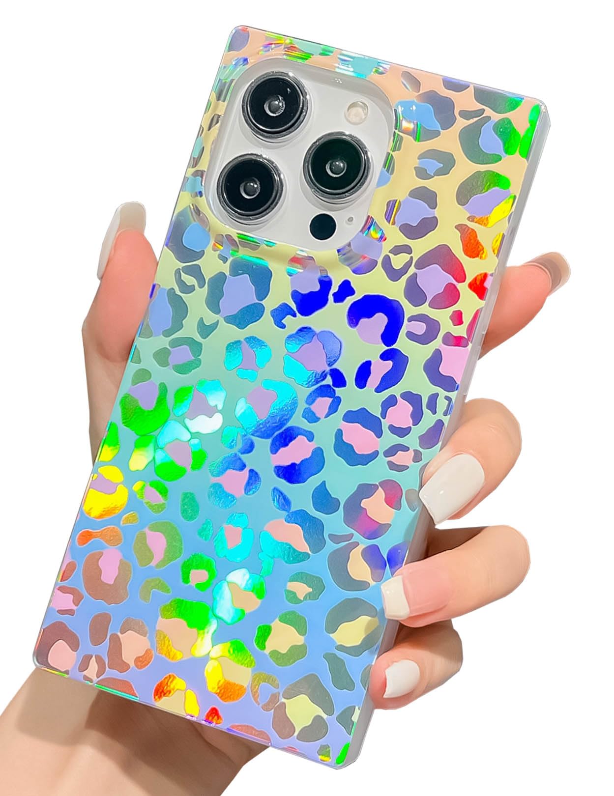 KERZZIL Trendy Cute Girly Holographic Iridescent Soft Protective TPU Compatible with iPhone Rectangle Edge Case(Leopard,iPhone 14 Pro Max)