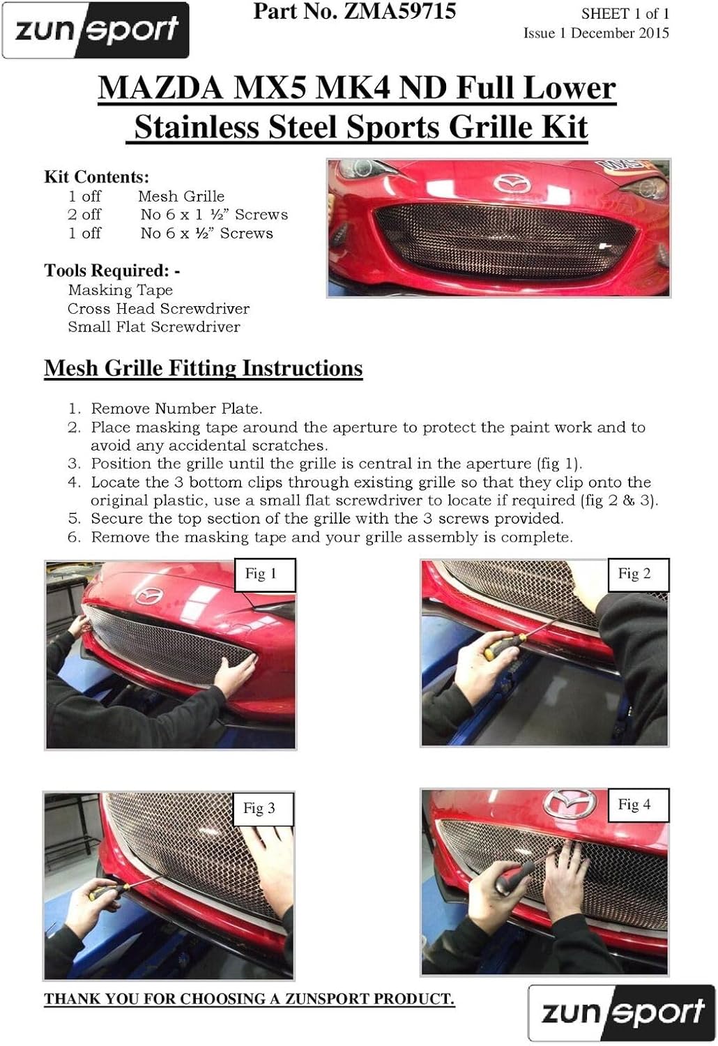 Zunsport Compatible With Mazda MX5 MK4 ND - Full Lower Grill - Black Finish (2015 -)