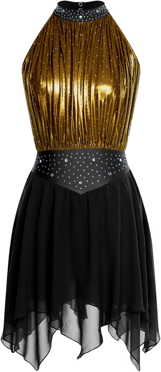 FEESHOW Women Lyrical Dance Dress Ballet Leotard Contemporary Costume | Ruched Details, Metallic Color, Rhinestone, Irregular Hem, Figure Skating Dresses, Dance Studio, Recitals
