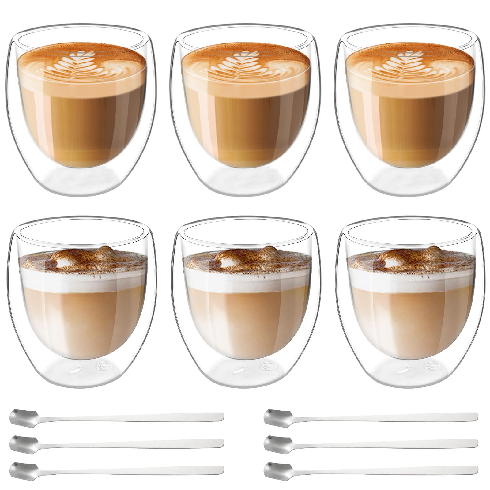 Delamiya Juego de 6 tazas de espresso de doble pared, 80 ml, vasos de doble pared con 6 cucharas, juego de vasos para latte macchiato, tazas de café de cristal, tazas de café para los amantes del