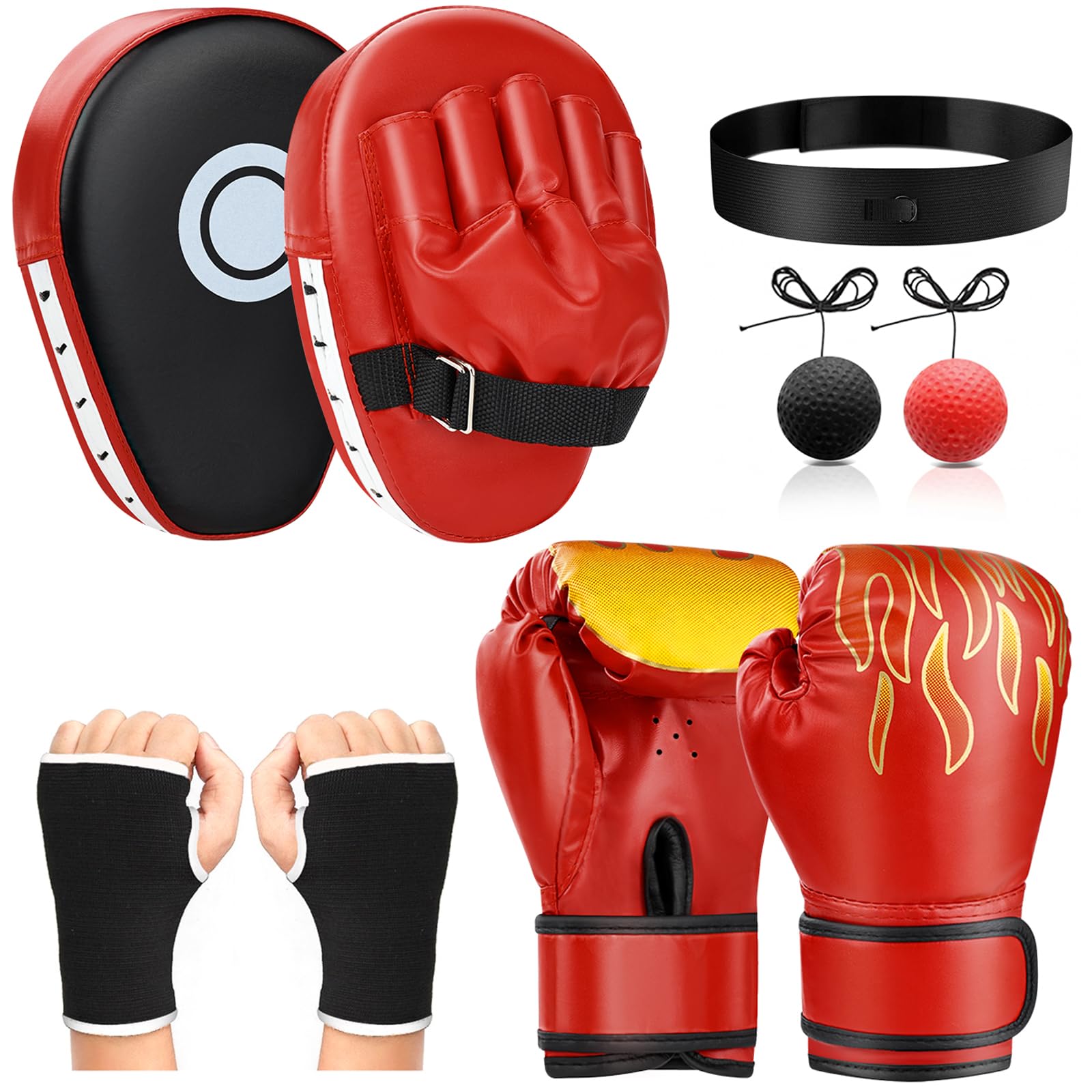 NZQXJXZ 4-in-1 Boxing Gloves and Punching Mitts Set for Boys & Girls, Kids Boxing Gloves Focus Pads with Hand Wraps, Boxing Reflex Ball, Boxing Equipment Set for MMA Karate Muay Thai Taekwondo