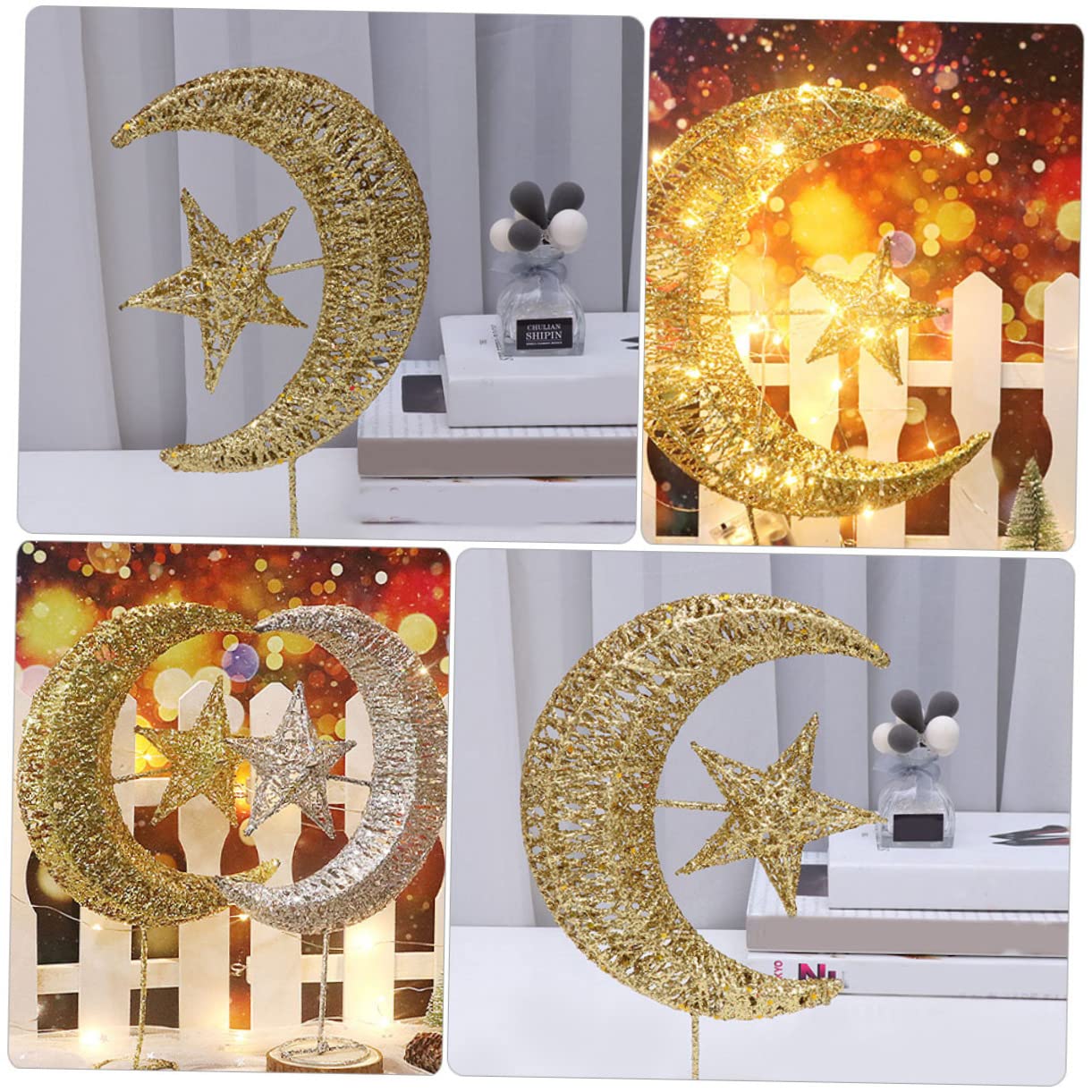 Amosfun 3stücke Glitzernde Weihnachtsbaumspitze Mit Mond Und Stern-Design Für Festliche Dekorationen Und Stimmungsvolle Beleuchtung Kombinierbar Mit -lichtern Nicht Enthalten