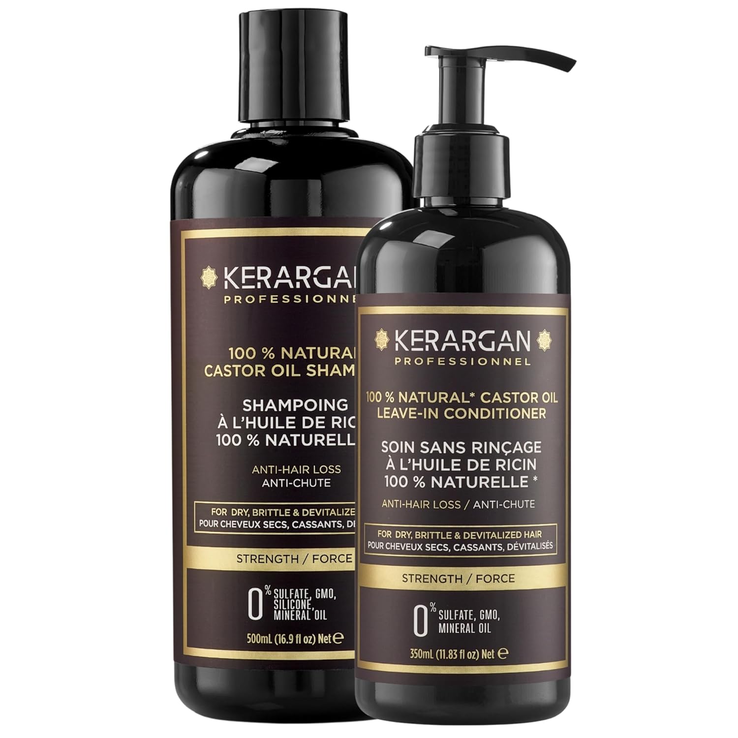 kerargan - duo anti-hair loss shampoo and leave-in care with castor oil for dry and lifeless hair - strengths and promotions growth - no sulphates parabens and silicones - 500 ml + 350 ml