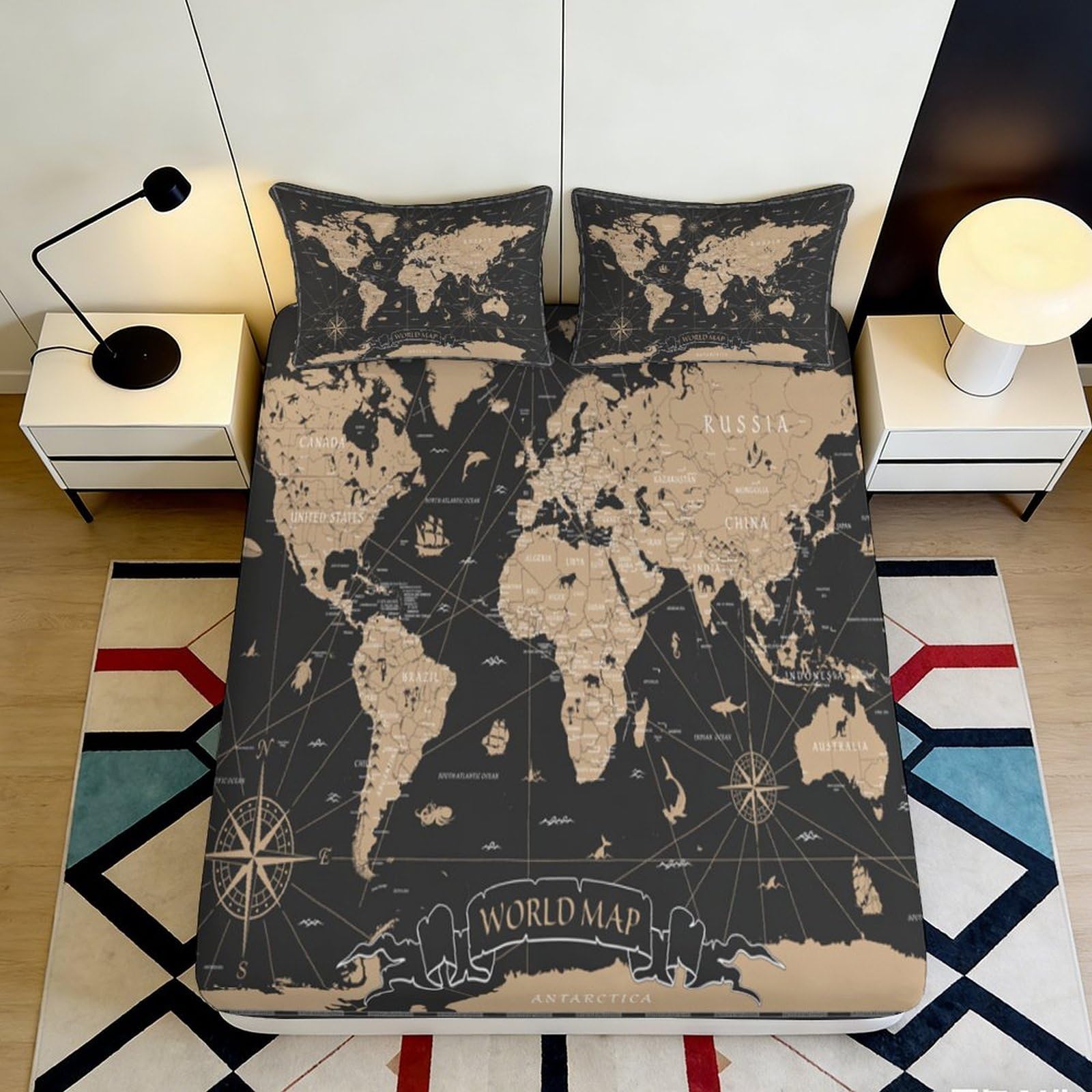 3D Printed Vintage World Map Fitted Sheet Microfiber Soft Non-slip Compass Bed Cover for Bedroom Guestroom Decor 120x200cm 90x200x25cm