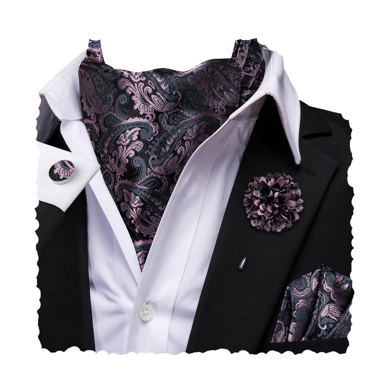 Hi-Tie Silk Ascot for Men Self Tie Men's Cravat and Flower Lapel Pin Handkerchief Cufflinks Set for Wedding Party